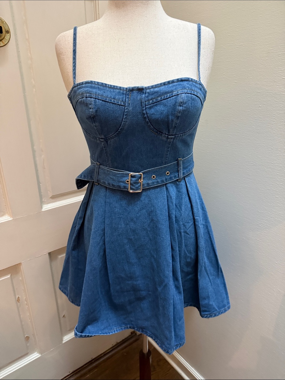 Commense Blue Denim Belted Mini Dress